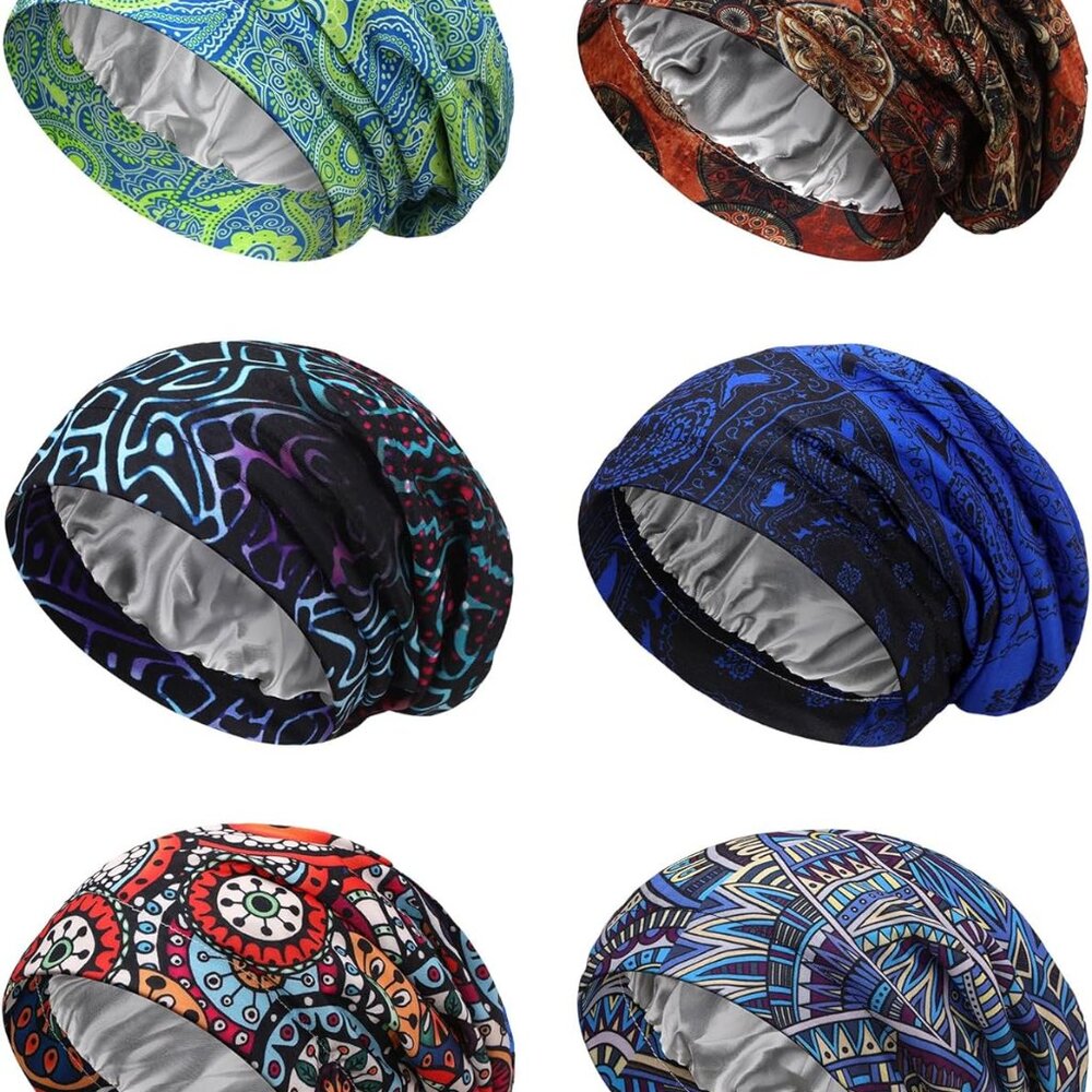 6 Pcs Satin Lined Bonnet Sleep Cap for Women Men African Silk Soft Beanie Hair S